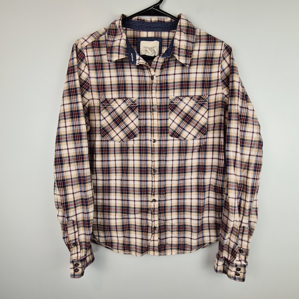 Forever 21 Women Top M Brown Blue Plaid Cotton Long Sleeve Button Down Shirt